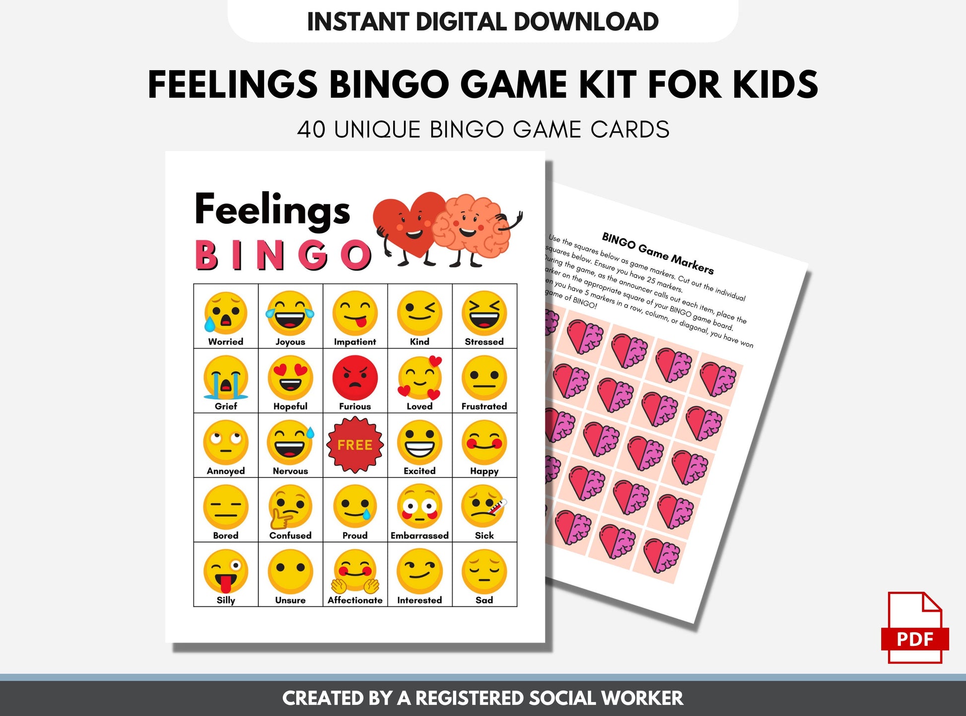 Feelings BINGO Game Kit, Children Social Emotional Learning Activity, Mental Health Kids, Classroom Therapy Game, Teens (Digital Printable)