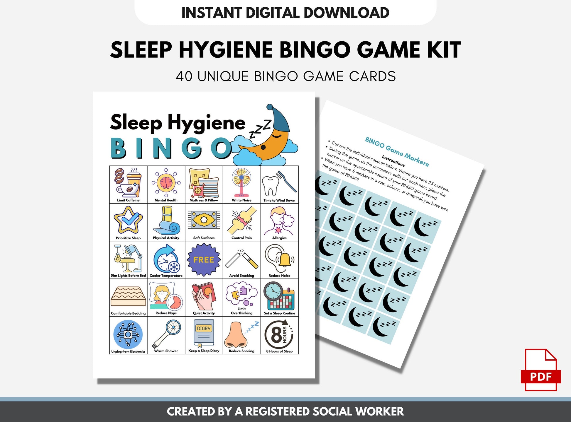 Sleep Wellness BINGO Game Cards, Mental Health, Sleep Hygiene, Educational Activity, Teens, Adults, Classroom (Digital Printable)