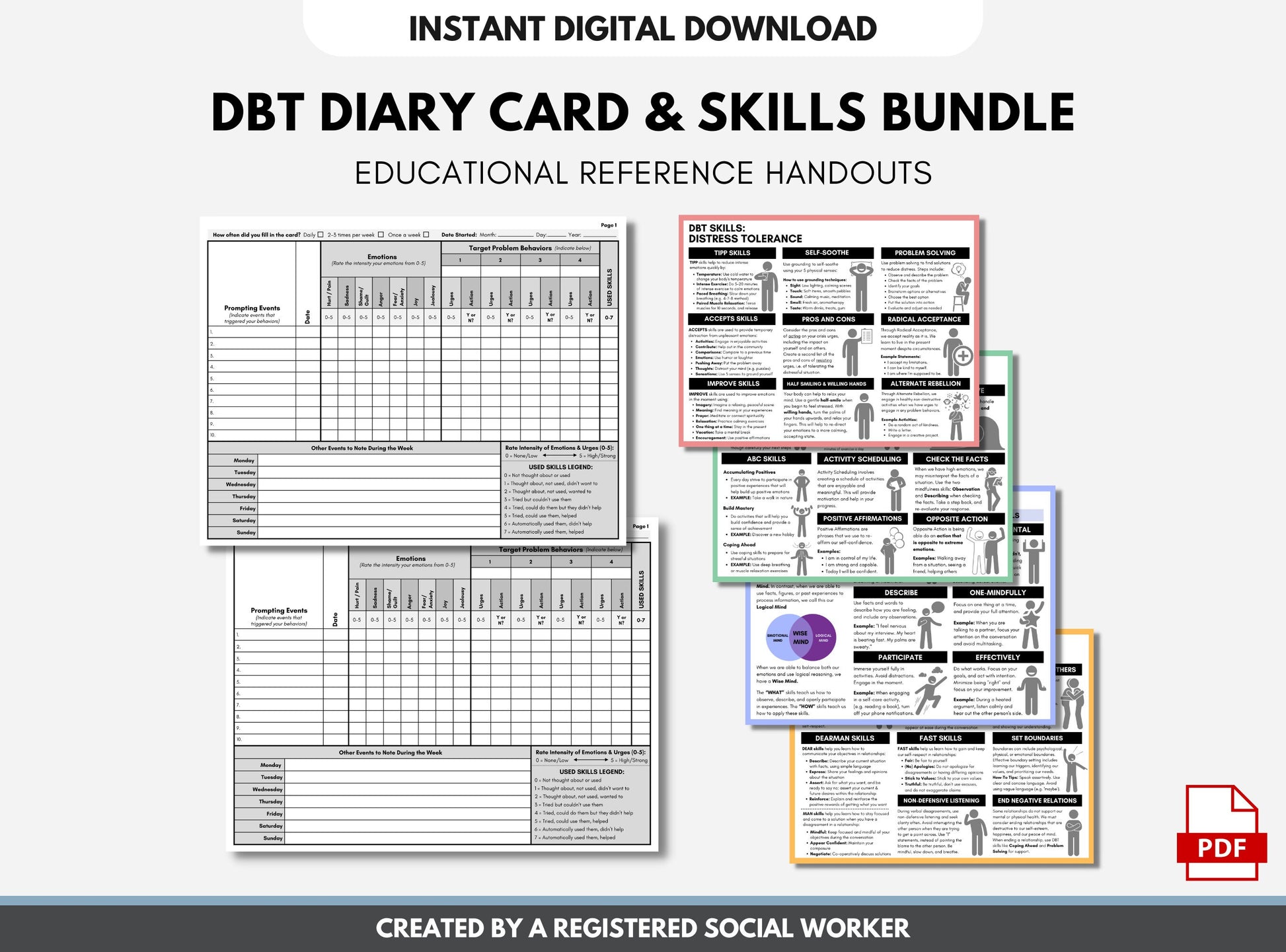 DBT Bundle, DBT Therapy Skills, Coping Skills, Dialectic Behavioral Therapy, Diary Card, Worksheet Set, Adult Anxiety (Digital Printable)