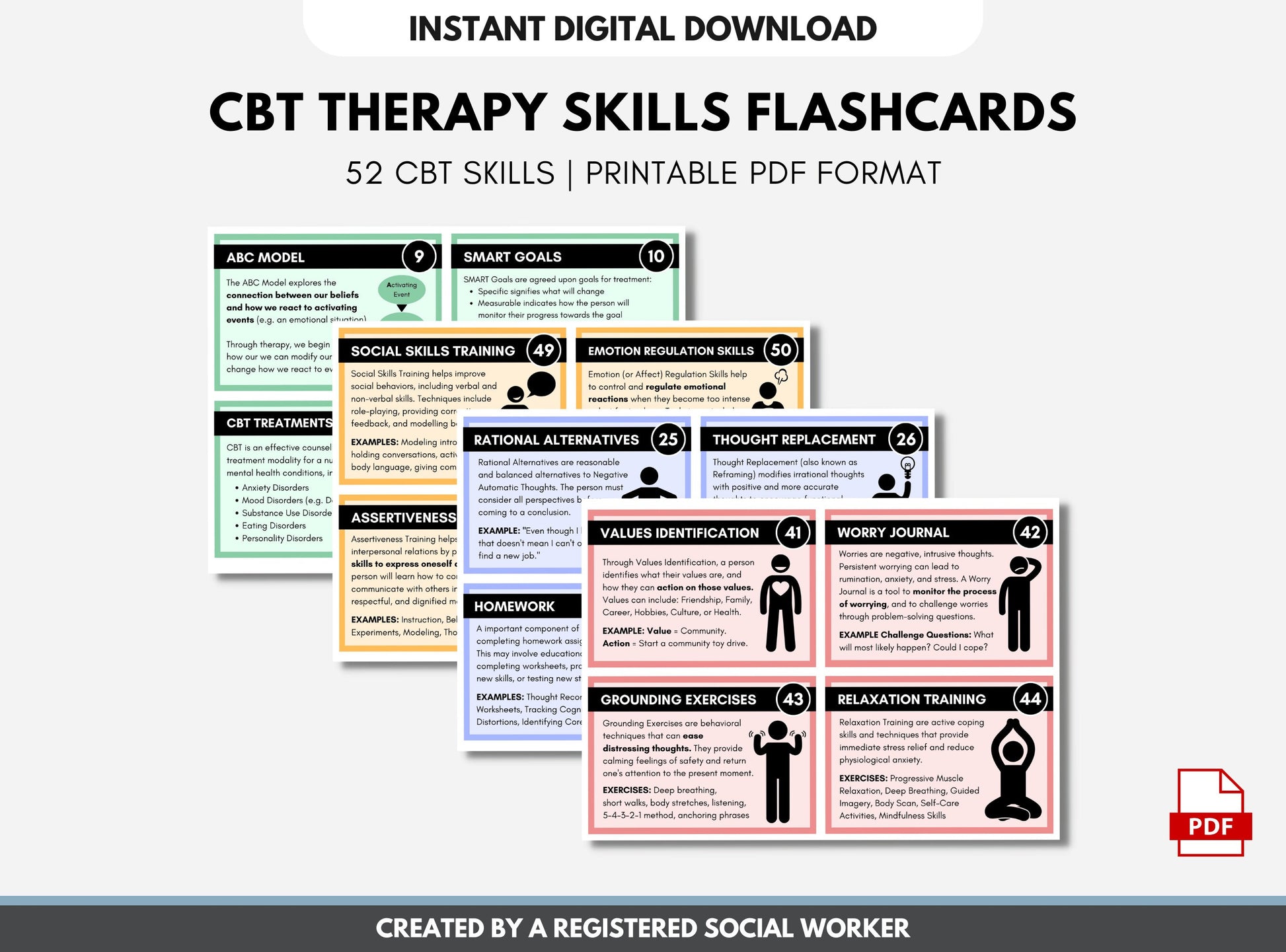 52 CBT Therapy Skills Flash Cards, Cognitive Behavioral Therapy Cheat Sheets, Education, Mental Health Worksheets (DIGITAL DOWNLOAD)