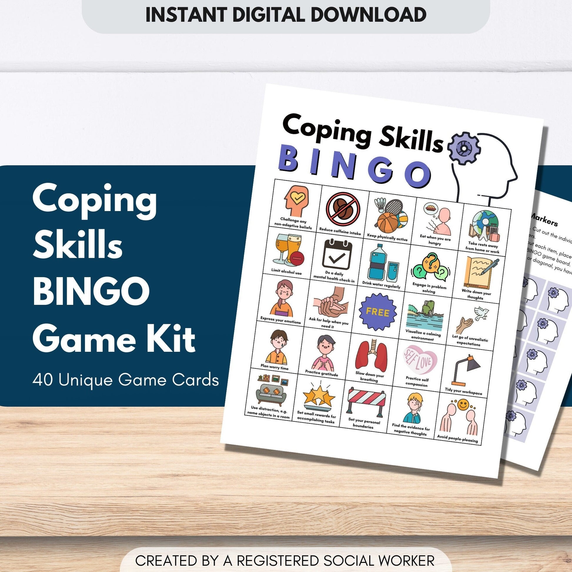 Coping Skills BINGO Game Kit, Mental Health, Classroom Activity, Learning Tool, Therapy Game, Teens, Adults (Digital Printable)