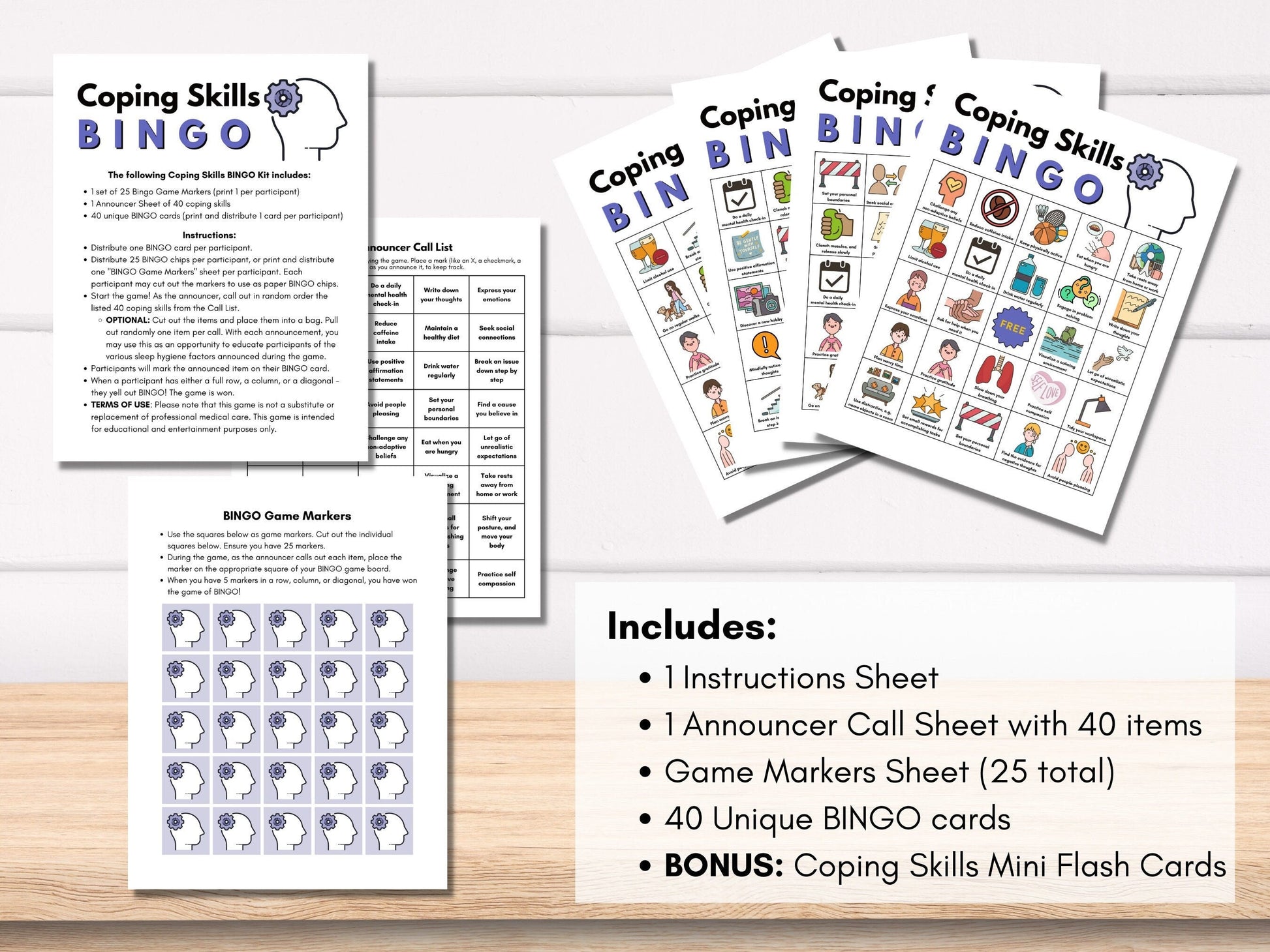 Coping Skills BINGO Game Kit, Mental Health, Classroom Activity, Learning Tool, Therapy Game, Teens, Adults (Digital Printable)