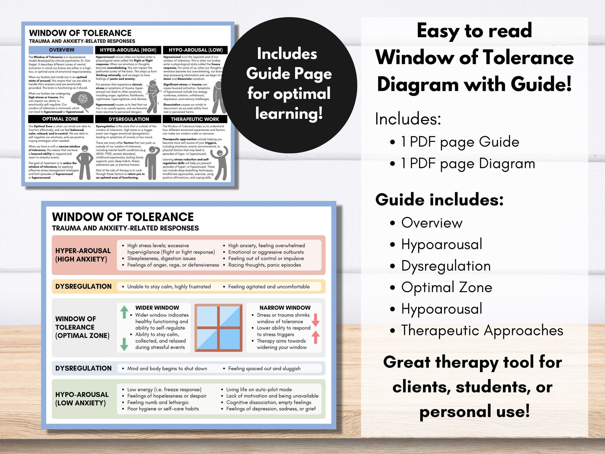 Window of Tolerance Cheat Sheet, Anxiety and Trauma Psychology Worksheet, Emotional Regulation, Mental Health, Therapy (Digital PDF)