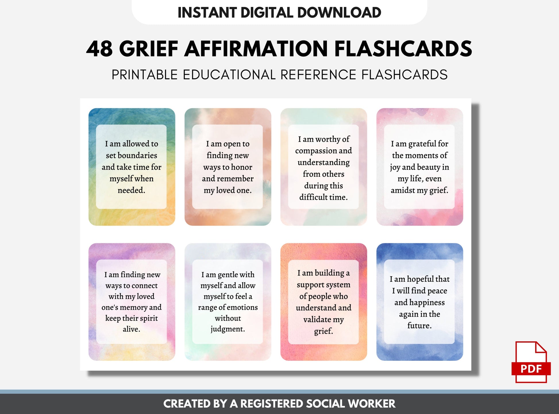 Grief Affirmation Flashcards, Grief and Loss Worksheets, Narrative Therapy, Mental Health Worksheets, Therapy Tools (DIGITAL PRINTABLE)