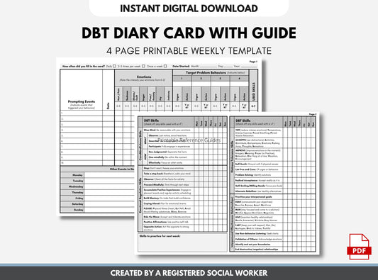 DBT Diary Card, Dialectical Behavior Therapy, Skills Tracker Worksheet, Weekly Journal, Reference Guide, Mental Health (DIGITAL PRINTABLE)