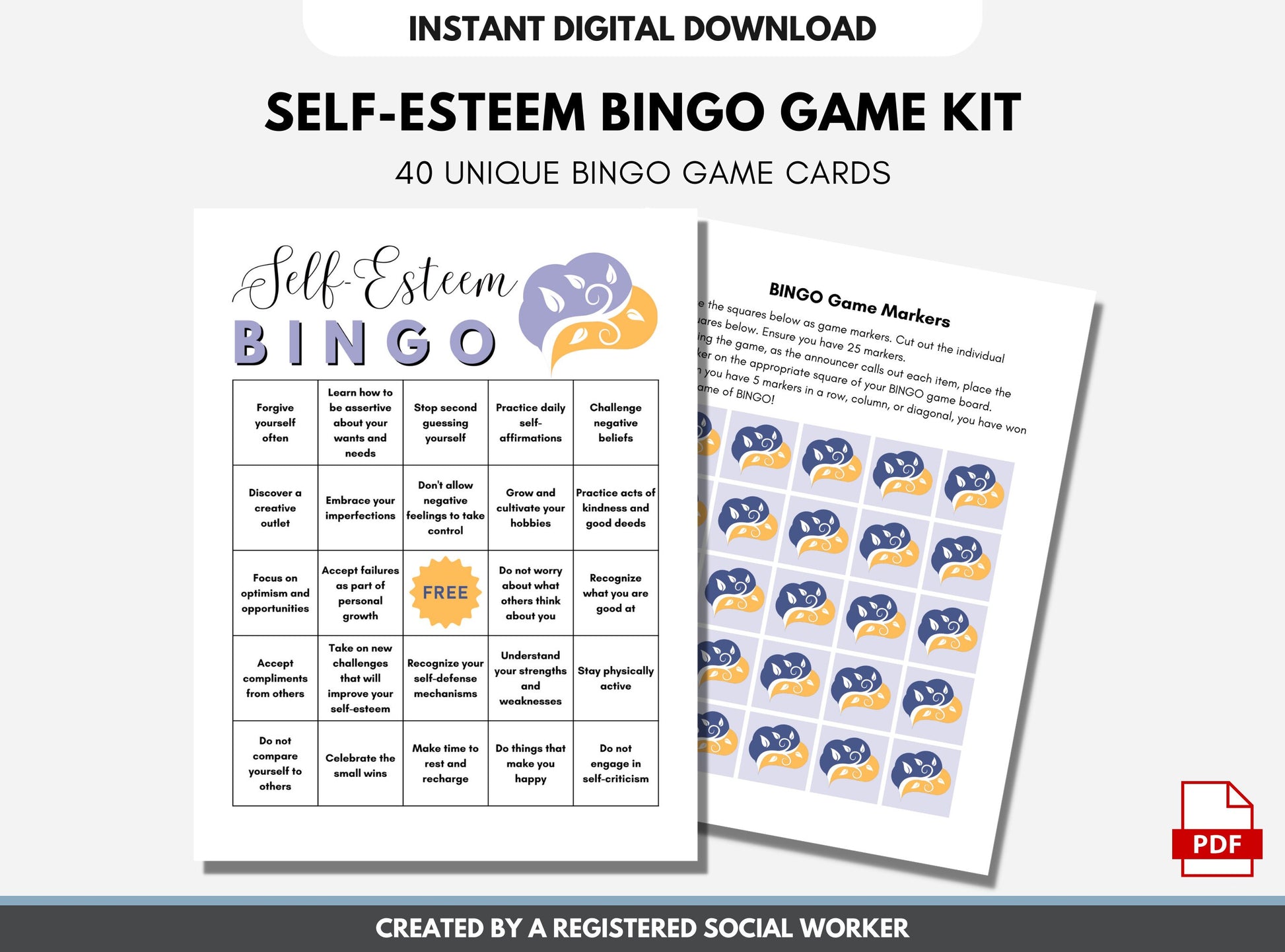 Self-Esteem BINGO Game Kit, Mental Health Game, Counselor Activity, Therapy Game - Includes 40 BONUS Flashcards (Digital Printable)