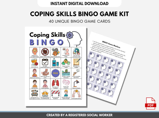 Coping Skills BINGO Game Kit, Mental Health, Classroom Activity, Learning Tool, Therapy Game, Teens, Adults (Digital Printable)