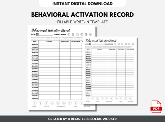 Activity Scheduling, Behavioral Activation Record, Emotional Regulation, CBT, DBT, Therapy, Mental Health, Psychology (Digital Printable)