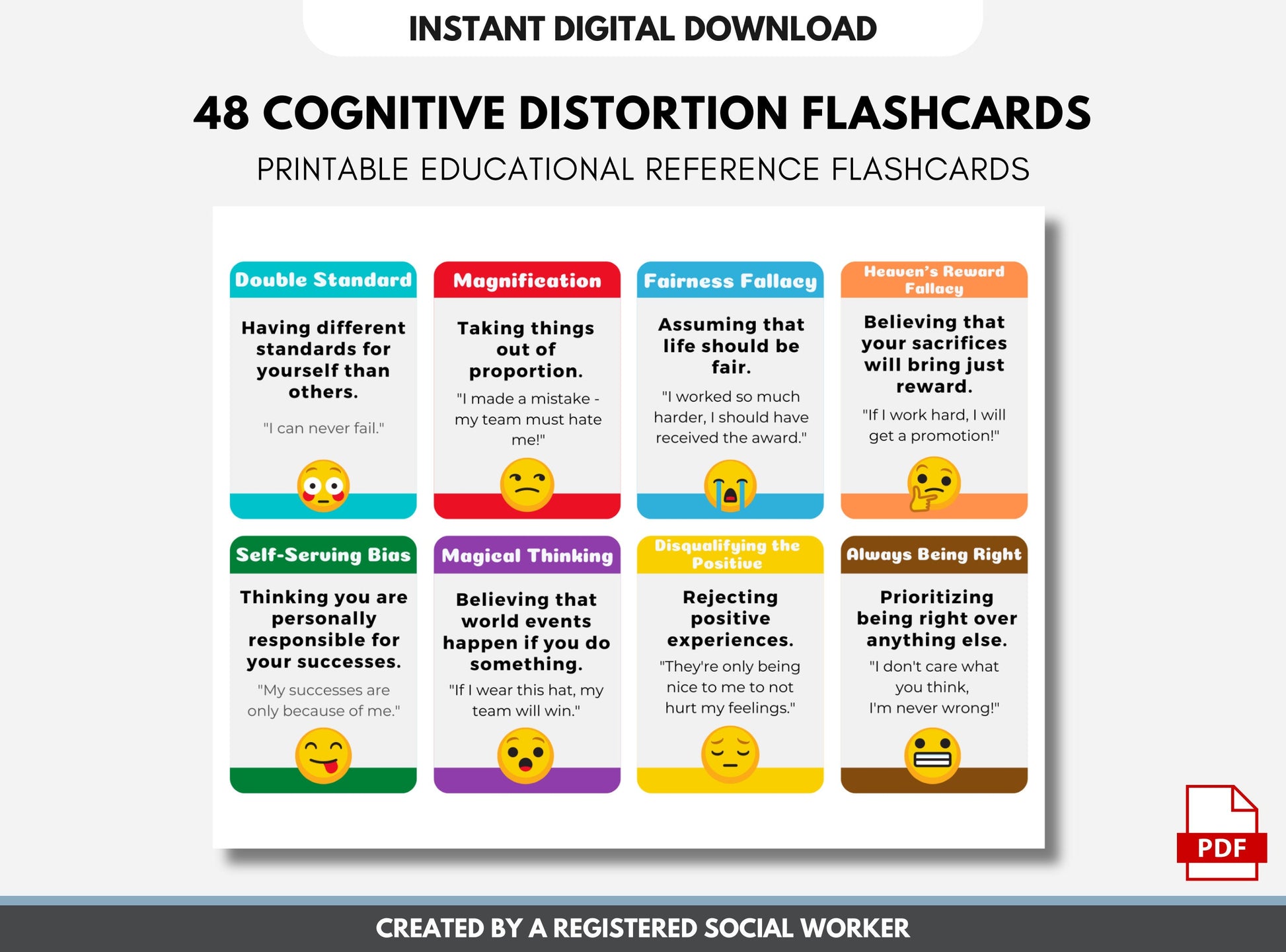 48 Cognitive Distortions Flash Cards, Thinking Errors Worksheets, Mental Filters Cheat Sheet, Coping Skills, CBT, DBT (Digital Printable)