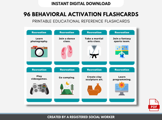 Behavior Activation Flash Cards, Activity Scheduling, Positive Growth, DBT, CBT, Emotional Regulation, Mental Health (Digital Printable)