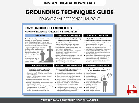 Grounding Techniques Cheat Sheet, Coping Strategies, Anxiety and Panic Relief, Therapy Worksheet, Psychology Handout (Digital Printable)