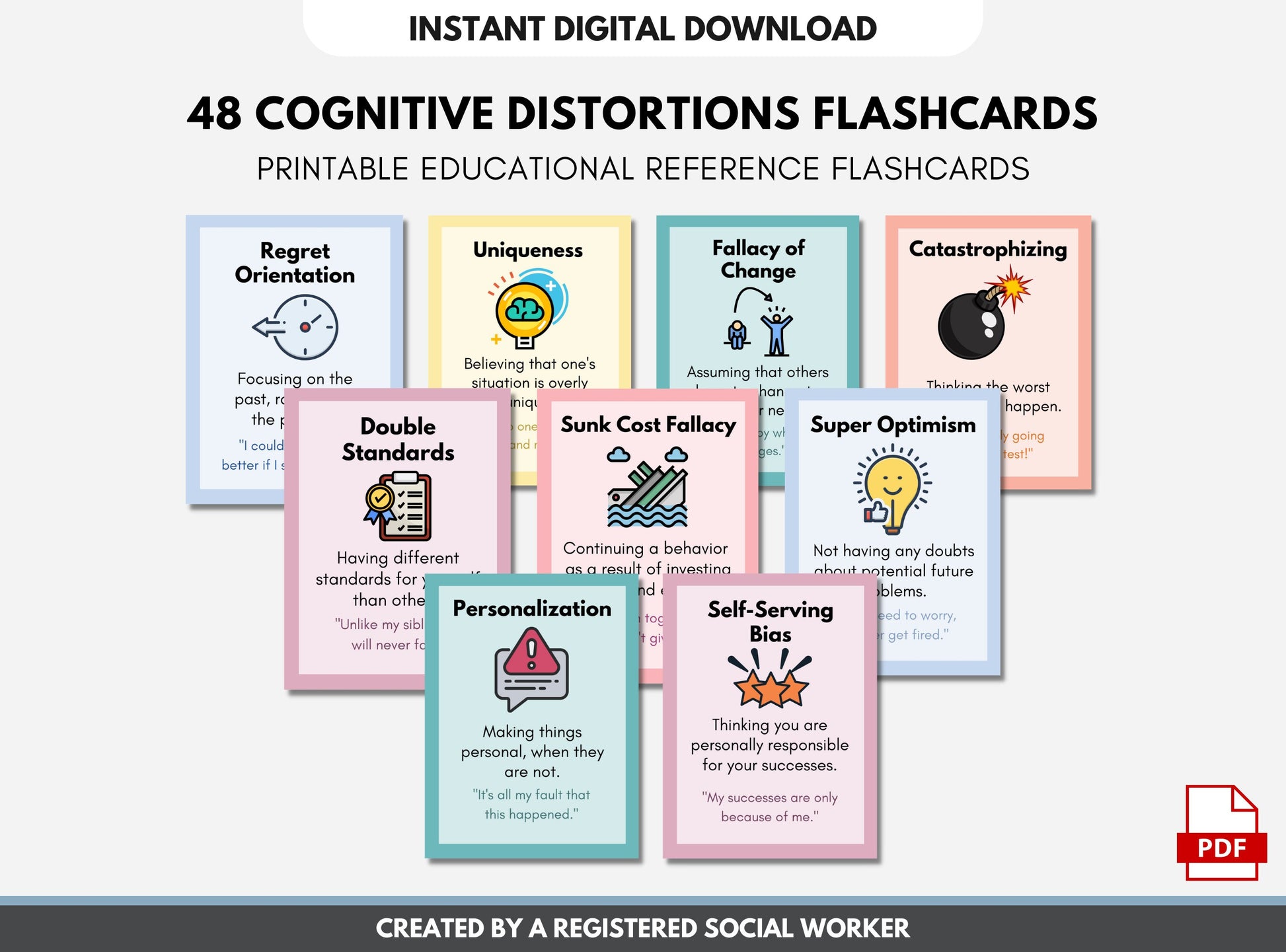 48 Cognitive Distortions Flashcards, Cognitive Behavioral Therapy, Unhelpful Thinking Styles, Psychology, Mental Health (Digital Printable)