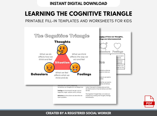 CBT Cognitive Triangle, Anxiety Worksheets for Kids: Thoughts, Feelings, Actions, Mental Health, Education, Counselling (DIGITAL PRINTABLE)