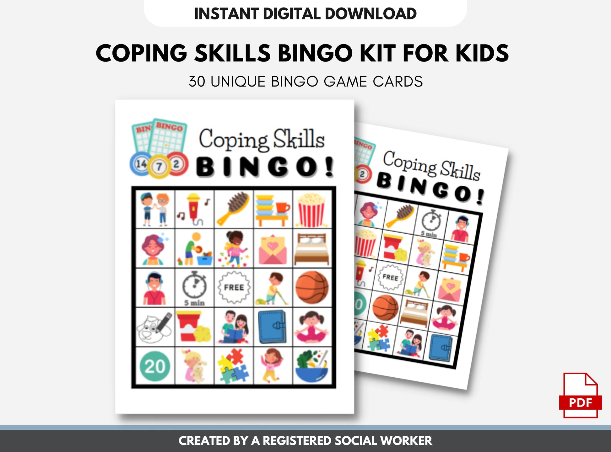 Coping Skills BINGO Game Activity Cards for Kids, Calming Strategies, Emotional Regulation for Worry Anger, Mental Health (DIGITAL DOWNLOAD)