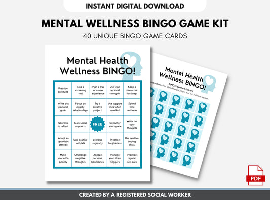 Mental Health BINGO Game Kit, Wellness, Well-being Activity, Student, Workplace, Counselor, Social Work, Coping Skills (DIGITAL PRINTABLE)