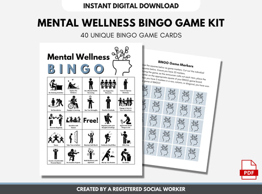 Mental Health BINGO Game Kit, Mental Wellness Strategies, Activity, Counselor, Psychology - Includes 48 BONUS Flashcards (Digital Printable)