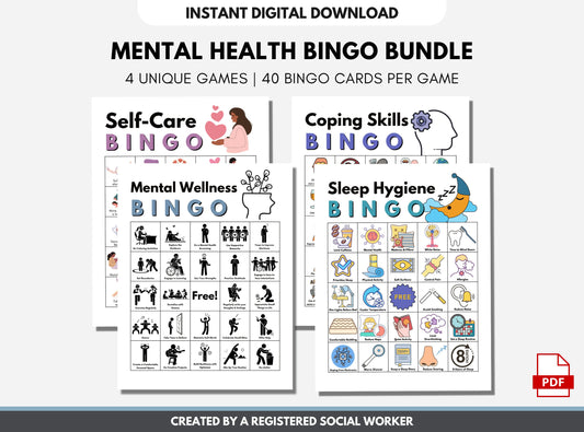 Mental Health BINGO Game Bundle, Includes 4 Games: Self-Care, Coping Skills, Mental Wellness, Sleep Hygiene, Activity (Digital Printable)