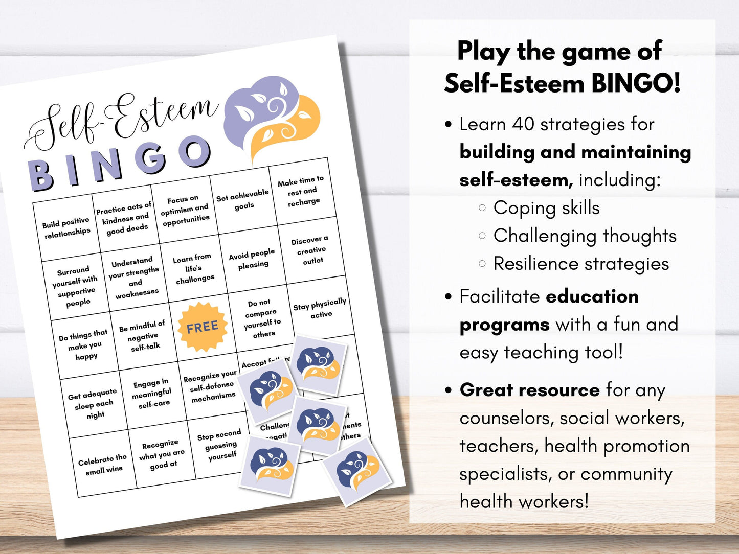 Self-Esteem BINGO Game Kit, Mental Health Game, Counselor Activity, Therapy Game - Includes 40 BONUS Flashcards (Digital Printable)