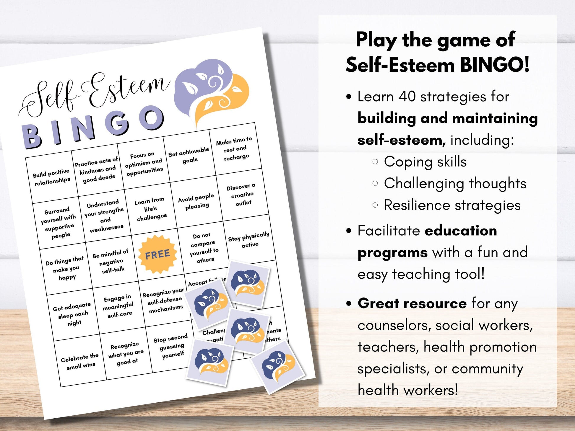 Self-Esteem BINGO Game Kit, Mental Health Game, Counselor Activity, Therapy Game - Includes 40 BONUS Flashcards (Digital Printable)