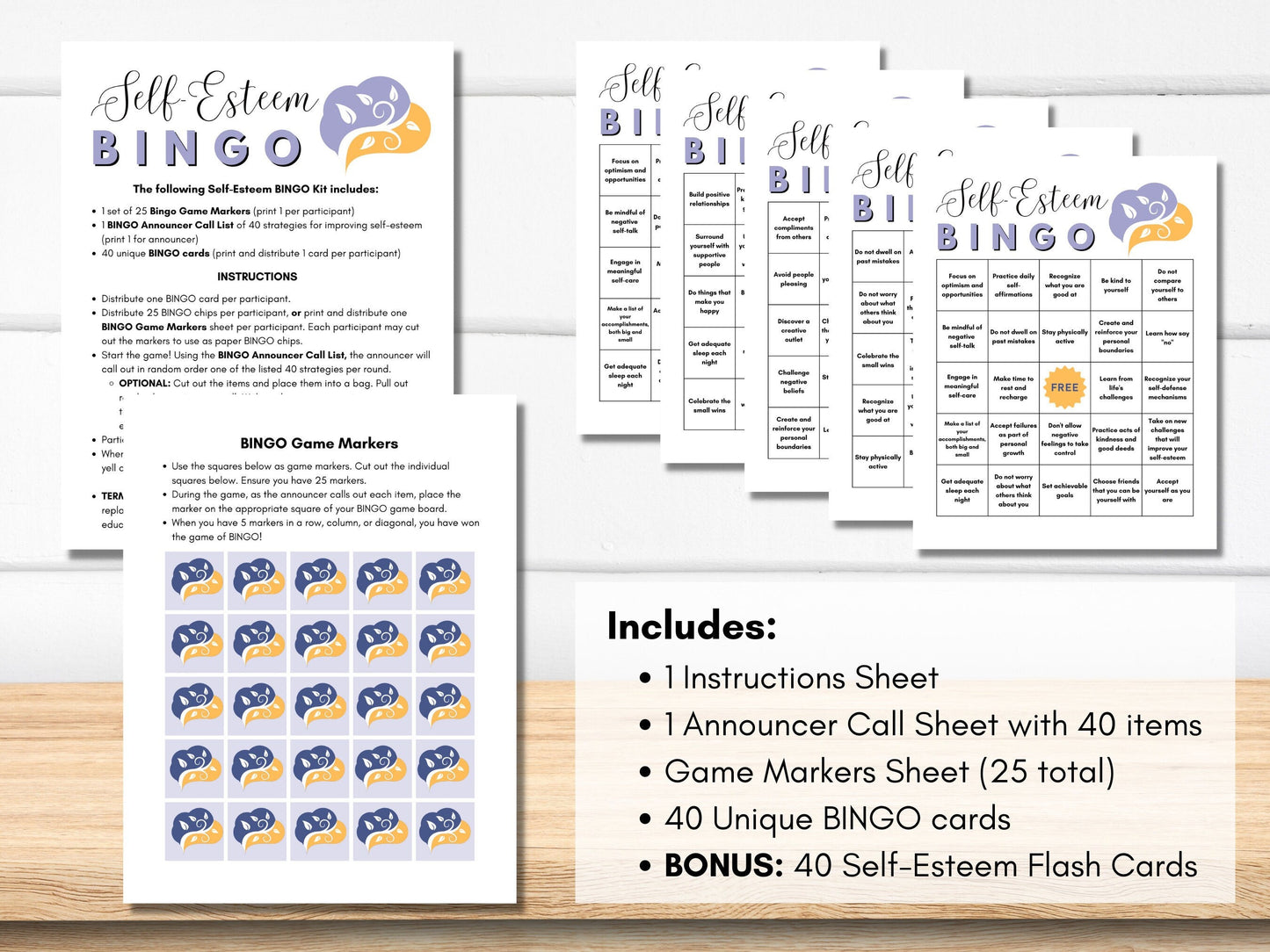 Self-Esteem BINGO Game Kit, Mental Health Game, Counselor Activity, Therapy Game - Includes 40 BONUS Flashcards (Digital Printable)