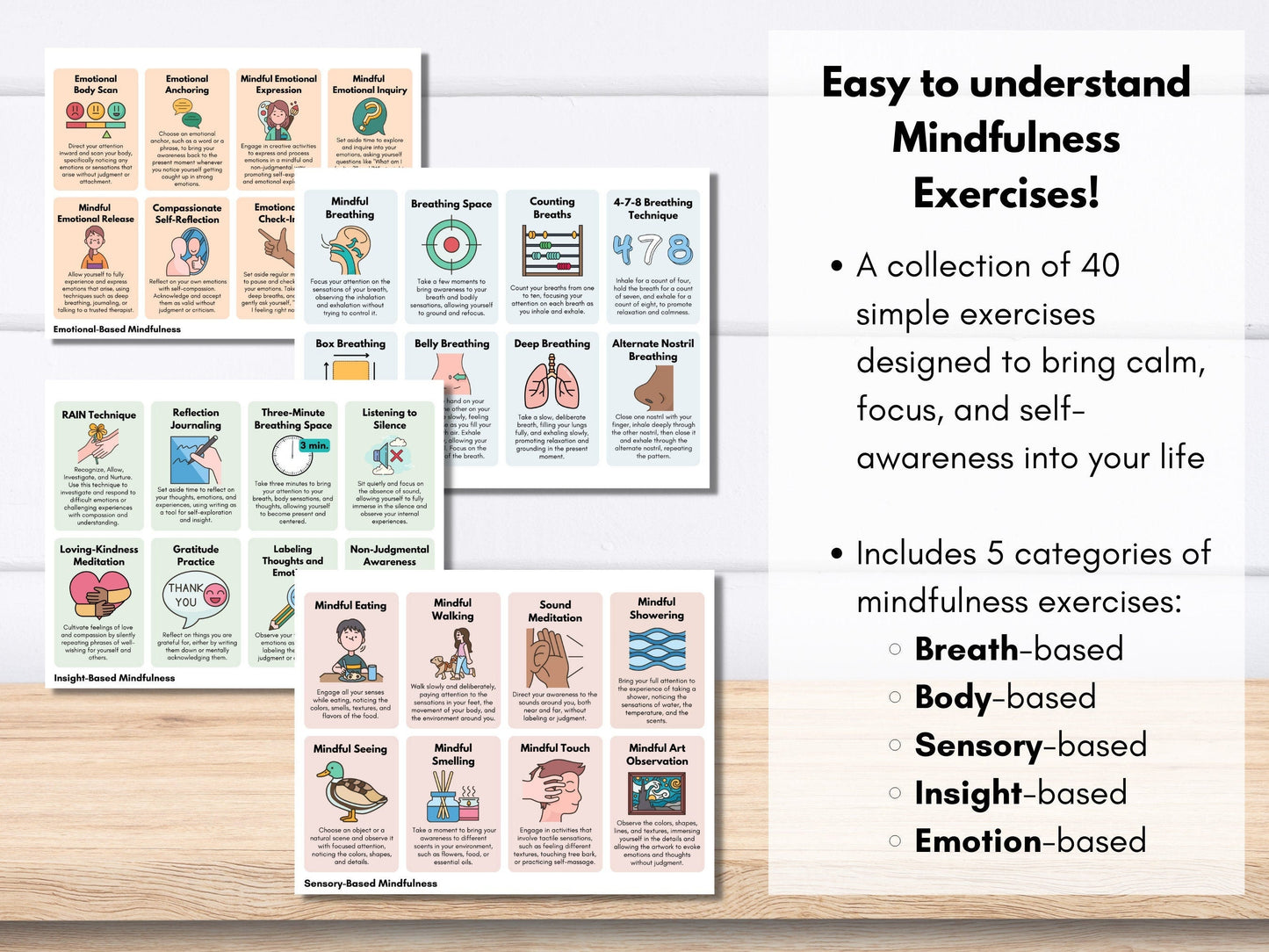 40 Mindfulness Exercise Flashcards, Breathing Exercises, Mental Wellness Tips, Self-Regulation Skills, Grounding (Digital Printable)