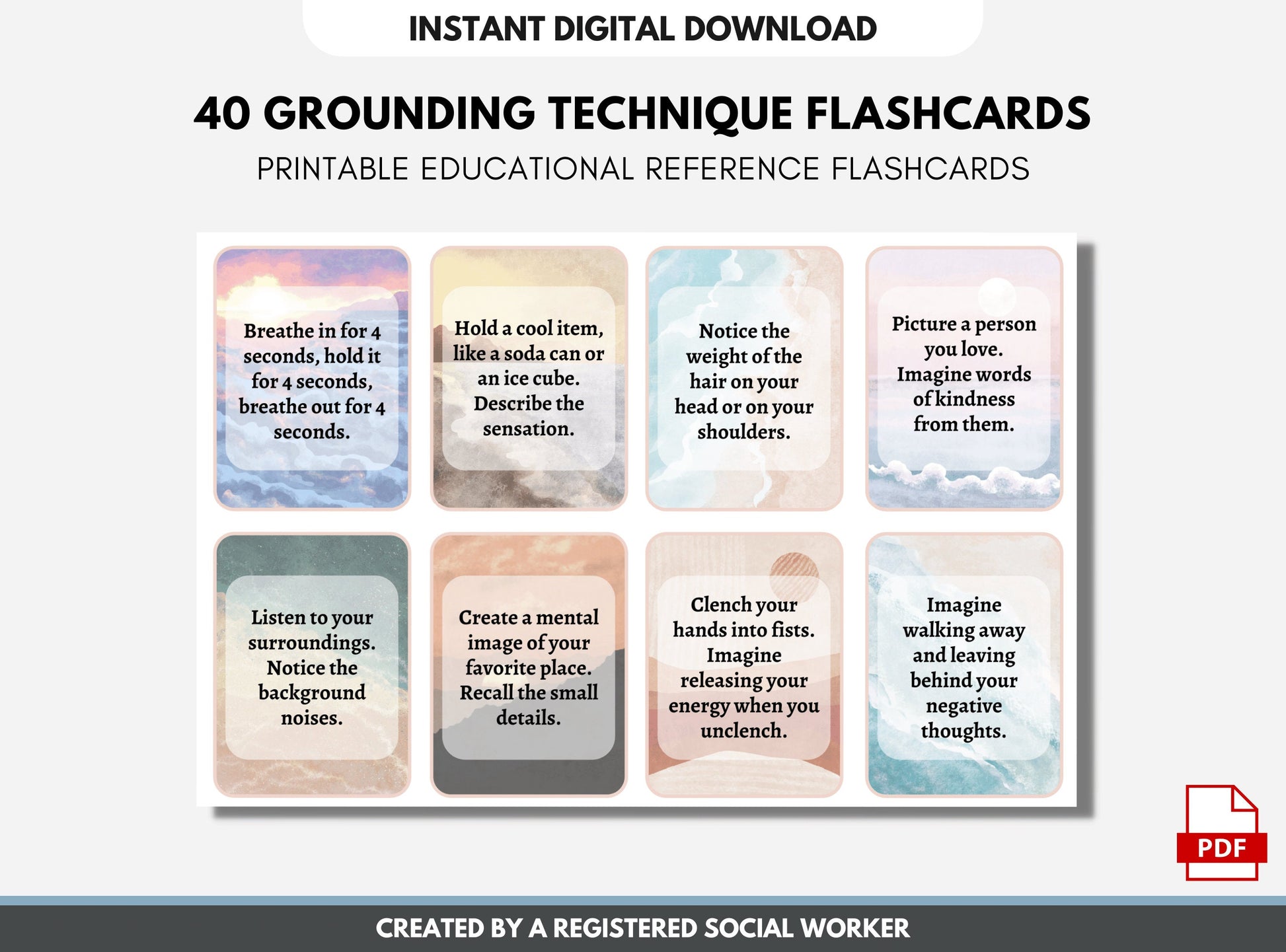 40 Grounding Flash Cards, Anxiety Coping Skills, Panic Attacks, CBT Mental Health Therapy, Psychology Handout (DIGITAL PRINTABLE)