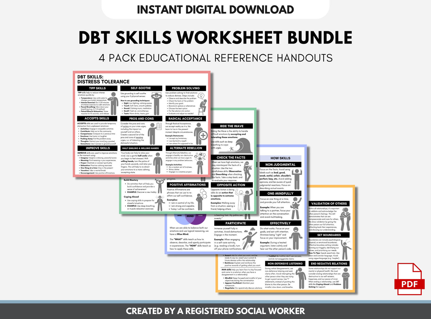 DBT Skills Cheat Sheets, DBT Worksheets Bundle Set, Therapy Coping Skills, Distress Tolerance, Emotional Regulation (Digital PDF)